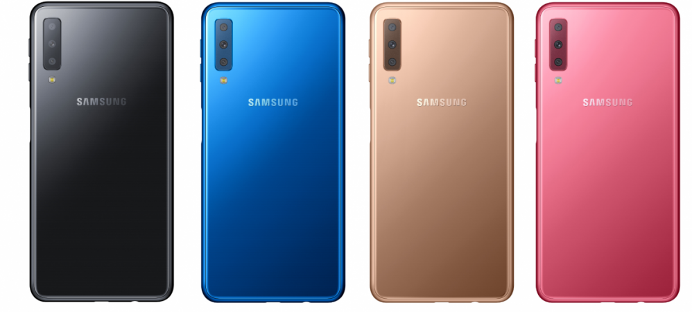 Samsung Galaxy A7 (2018) comes in four colours-- blue, black, gold and pink. Samsung, Galaxy A7, 2018, triple camera phone,