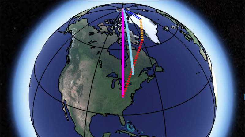 The observed direction of polar motion, shown as a light blue line, compared with the sum (pink line) of the influence of Greenland ice loss (blue), postglacial rebound (yellow) and deep mantle convection (red). The contribution of mantle convection is highly uncertain Polar axis drift