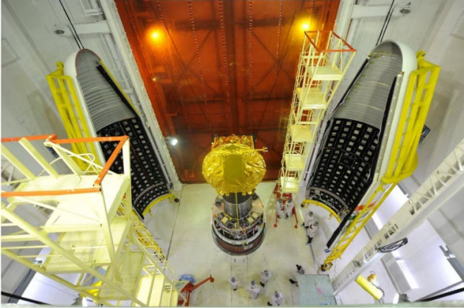 The Mars Orbiter Mission satellite getting loaded into the payload bay of the PSLV C25, it had a launch mass of 1337 kg ISRO MOM