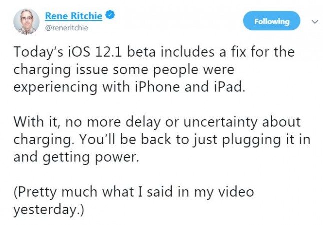Apple iOS 12.1 might fix the charging issue in affected iPhones and iPads Apple, iPhone XS, iPhone XS Max, charging issue