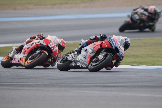 Andrea Dovizioso of Italy and Ducati Team leads Marc Marquez of Spain and Repsol Honda Team during the MotoGP Of Thailand - Race on October 7, 2018 in Buri Ram. Thailand Grand Prix, MotoGP