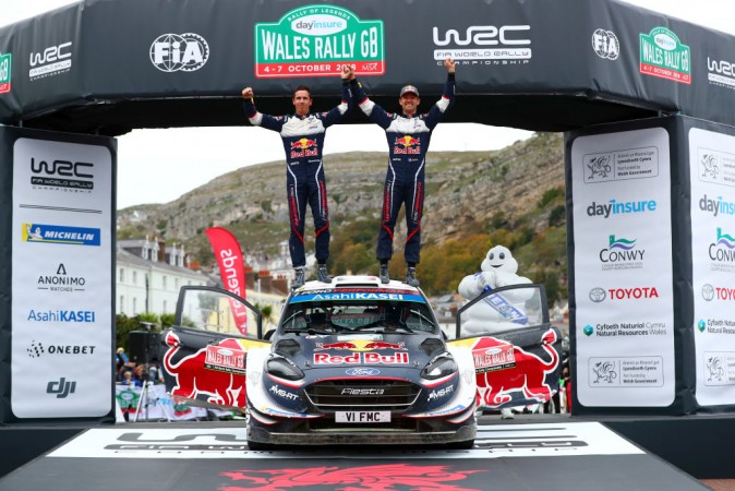 Sebastien Ogier of M-Sport Ford celebrates victory with co-driver Julien Ingrassia after FIA World Rally Championship Wales Rally Great Britain on October 7, 2018 in Llandudno, Wales. WRC, Wales Rally GB, Sebastien Ogier