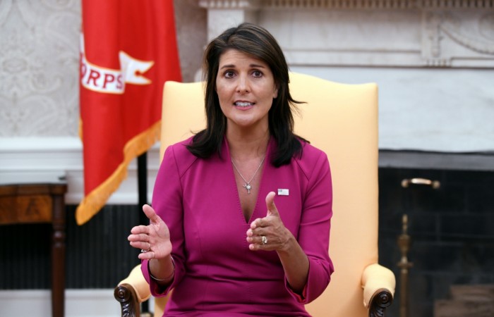 Nikki Haley, the United States Ambassador to the United Nations, speaks during a meeting with US President Donald Trump speaks in the Oval office Nikki Haley