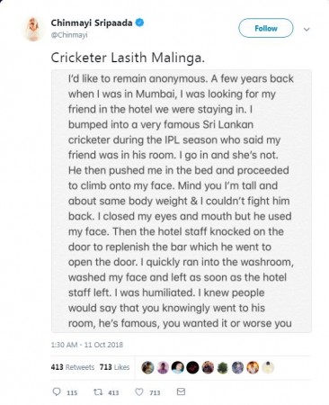 Anonymous woman acuses Lasith Malinga of sexual harassment. Lasith Malinga