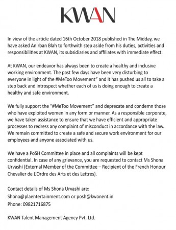 Statement by Kwan Entertainment on Anirban Das Blah Statement by Kwan Entertainment on Anirban Das Blah