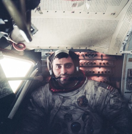 Young Harrison Schmitt inside the Lunar Module on the surface of the Moon following the final moonwalk of Apollo 17 Harrison Schmitt