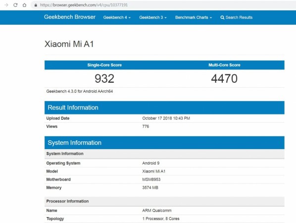 Xiaomi Mi A1 with Android Pie OS spotted on Geekbench. Xiaomi, Mi A1, Android Pie, Geekbench