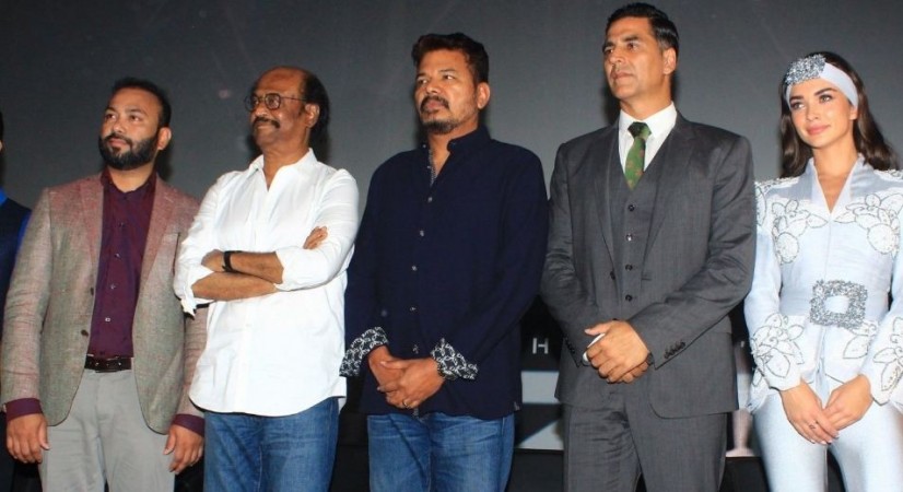 Producer Subaskaran, Rajinikanth, Shankar, Akshay Kumar and Amy Jackson at 2.0 trailer launch. 2.0 Trailer Launch