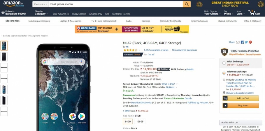 Xiaomi Mi A2 is being offered with lucrative deals on Amazon Great Indian sale 2018 Diwali edition. Xiaomi, Mi A2, Android One, Amazon, Great Indian Sale