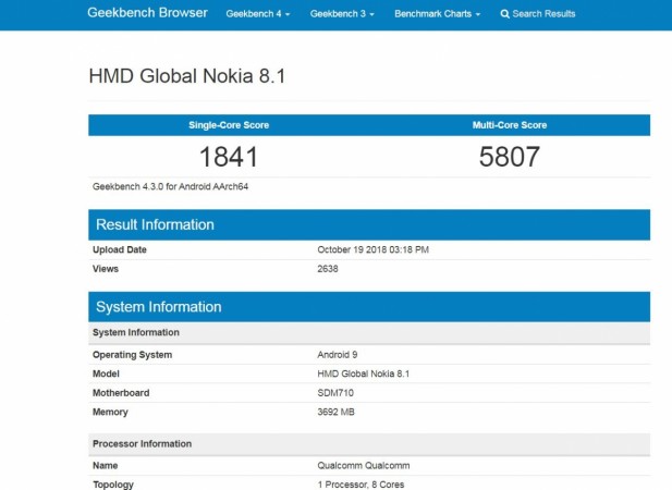 Nokia 8.1 appears on Geekbench Nokia 8.1, Android Oreo, Geekbench