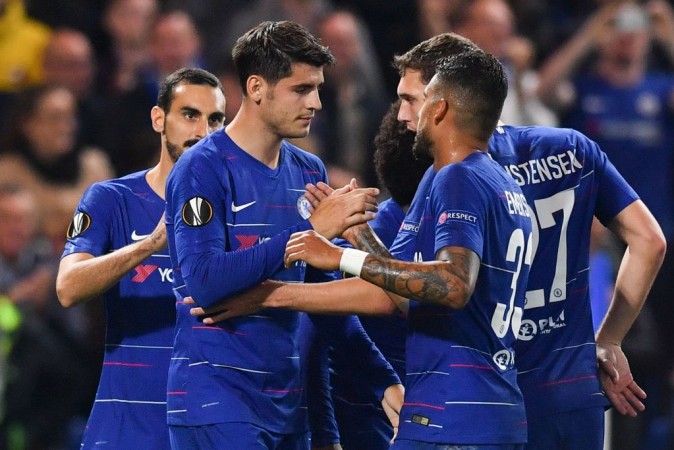 Chelsea's Spanish striker Alvaro Morata celebrates scoring with team members after scoring a goal Chelsea FC