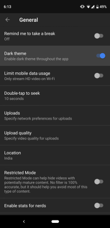 YouTube dark theme setting YouTube dark theme setting
