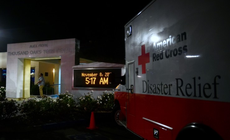 An American Red Cross Disaster Relief vehicle is seen outside the Thousands Oaks Teen Center where people have come for family assistance following the bar shooting at the Borderline Bar and Grill in Thousand Oaks, California on November 8, 2018 Thousand Oaks shooting