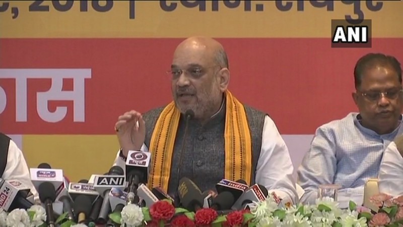 BJP President Amit Shah addresses a press conference in Chhattisgarh Amit shah