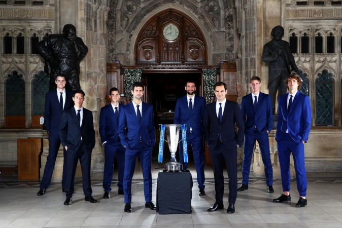 Top-ranked tennis stars pose with the Nitto ATP Finals 2018 trophy in London. ATP Finals 2018