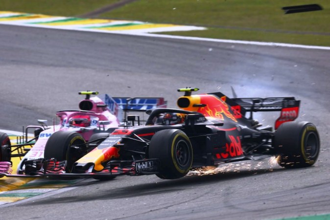 Max Verstappen crashed into by Esteban Ocon during the Brazil GP on November 11, 2018 in Sao Paulo, Brazil. Max Verstappen, Esteban Ocon, Brazil GP