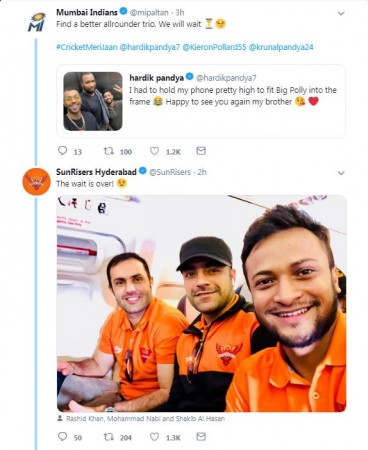 Twitter banter between MI and SRH Twitter - Mumbai Indians and Sunrisers Hdyerabad