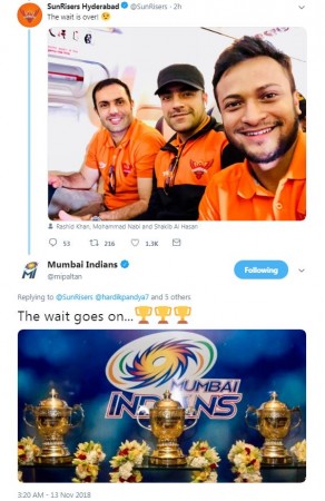 Twitter banter between MI and SRH. Twitter - Mumbai Indians and Sunrisers Hdyerabad