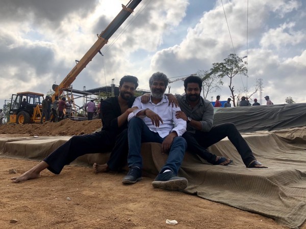 Jr NTR, SS Rajamouli and Ram Charan on RRR movie set Jr NTR, SS Rajamouli and Ram Charan on RRR movie sets