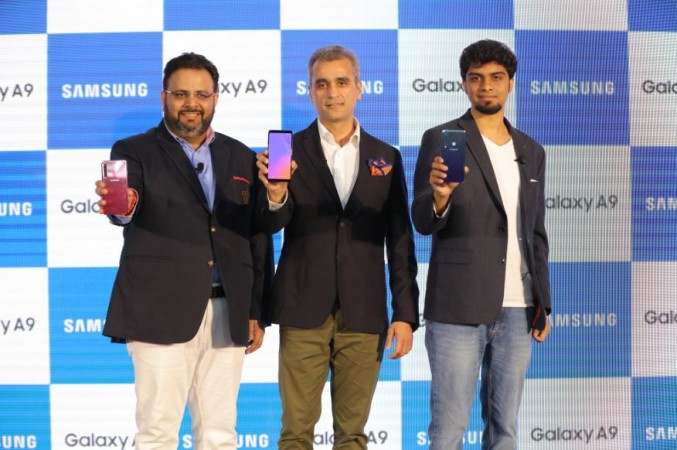 Samsung launched the new Galaxy A9 in India. (L to R) Aditya Babbar, General Manager, Mobile Business, Samsung India, Asim Warsi, Senior Vice President, Mobile Business, Samsung India and Vivek Joshua, Product Marketing, Samsung India introducing the new Galaxy A9 at an event in Gurugram, 20 November 2018. Samsung, Galaxy A9, India, launch, price