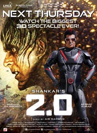 2.0 poster featuring Rajinikanth as Chitti the superbot and Akshay Kumar as Dr Richard/Crowman Rajinikanth, Akshay Kumar, 2.0