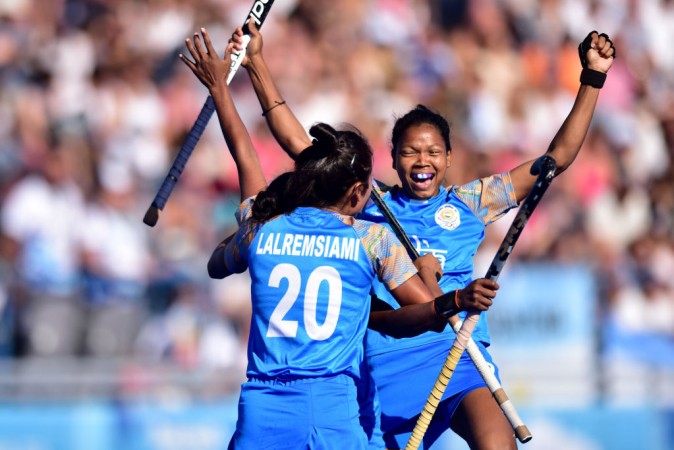 India women's hockey team celebrating a goal in the gold medal at the Youth Olympics in Buenos Aires on October 14, 2018. India women's hockey team