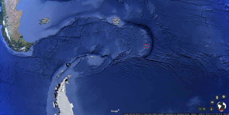 Bristol Islands in the South Atlantic Ocean marked in red. To the East are the Falklands and to the south is Antarctica. It is a region filled with active volcanoes. Bristol Island