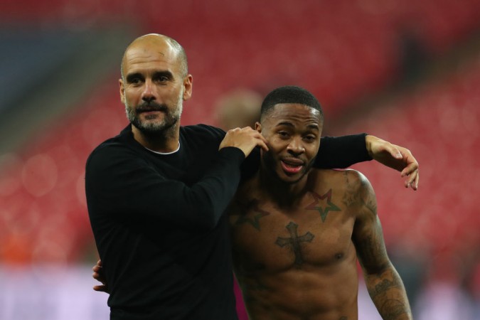 Pep Guardiola with Raheem Sterling Pep Guardiola Raheem Sterling Manchester City