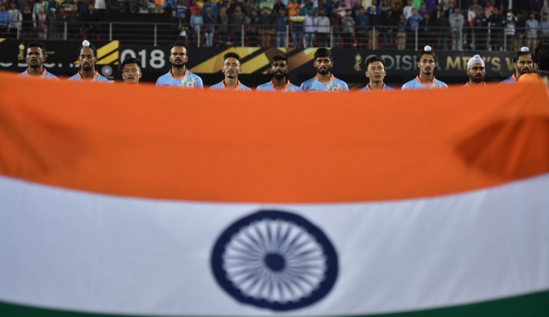 The Indian Hockey Team singing their national anthem before the first match of the 2018 Hockey World Cup India Hockey World Cup
