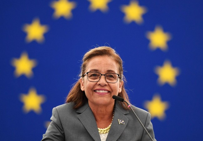 Marshall Islands President Hilda Heine speaks during a debate on US president's decision to withdraw the US from the COP 21 Climate agreement, at the European Parliament in Strasbourg, eastern France, on June 14, 2017. / AFP PHOTO / FREDERICK FLORIN Marshall Islands President Hilda Heine speaks during a debate on US president's decision to withdraw the US from the COP 21 Climate agreement