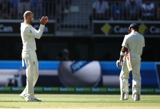 Lyon celebrates after dismissing Kohli in the second innings at Perth Virat Kohli India Cricket team Nathan Lyon