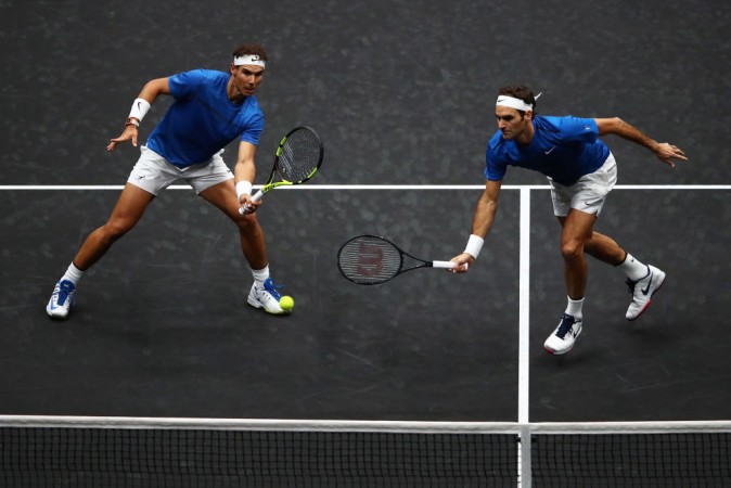 Nadal (L) and Federer (R) in doubles action on day 2 of the Laver Cup in 2017. Roger Federer Rafael Nadal Laver Cup