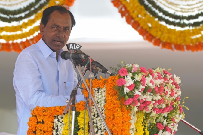 Newly-formed Telangana state's first Chief Minister K. Chandrasekhar Rao delivers his address during the state's Formation Day celebrations in Secunderabad, the twin city of Hyderabad, on June 2, 2014. Newly-formed Telangana state's first Chief Minister K. Chandrasekhar Rao delivers his address during the state's Formation Day celebrations
