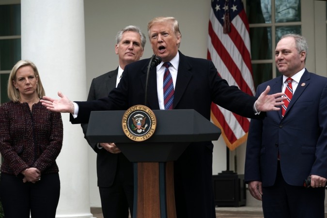 WASHINGTON, DC - JANUARY 04: U.S. President Donald Trump speaks as he is joined by (L-R) Secretary of Homeland Security Kirstjen Nielsen, Rep. Kevin McCarthy (R-CA), and Rep. Steve Scalise (R-LA) in the Rose Garden of the White House on January 4, 2019 in Washington, DC. Trump hosted both Democratic and Republican lawmakers at the White House for the second meeting in three days as the government shutdown heads into its third week. Donald Trump