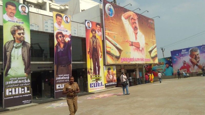 Rohini Silver Screens decked for the release of Petta and Viswasam. Petta-Viswasam Advance Booking