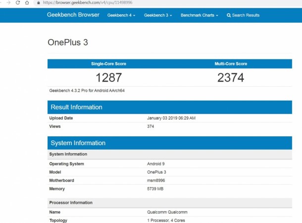 OnePlus 3 Android Pie testing on Geekbench. OnePlus 3, Android Pie, Geekbench