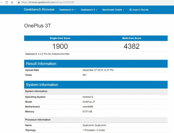 OnePlus 3T Android Pie testing on Geekbench OnePlus 3T, Android Pie,testing, Geekbench