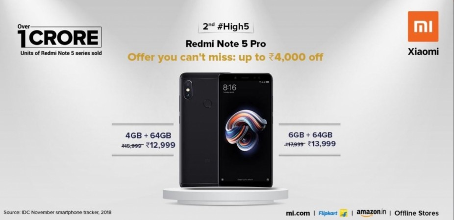 Xiaomi sold more than 1 crore units of the Redmi Note 5 series in India. Xiaomi, Redmi Note 5 Pro, discount