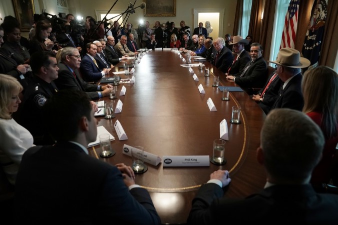 WASHINGTON, DC - JANUARY 11: U.S. President Donald Trump speaks during a round-table discussion on border security and safe communities with State, local, and community leaders in the Cabinet Room of the White House on January 11, 2019 in Washington, DC. As the second-longest government shut down continues, Democrats and Republicans have not found a compromise for border security funding and President Donald Trump's proposed wall on the U.S.-Mexico border. President Trump Hosts Roundtable On Border Security In Cabinet Room Of White House