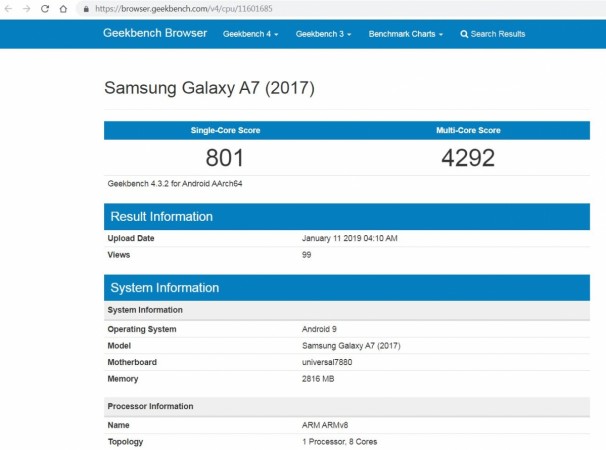 Samsung Galaxy A7 (2017) with Android Pie spotted on Geekbench performance testing website. Samsung, Galaxy A7, 2017, Android Pie,