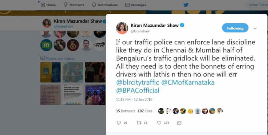 Kiran Mazumdar Shaw wants Bengaluru Traffic Police to damage car's bonnet to enforce lane discipline Kiran Mazumdarr Shaw, Twitter, Bengaluru Traffic