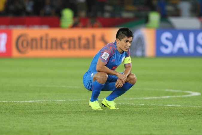 A desolate Sunil Chhetri as India failed to qualify for the knockout stages. Sunil Chhetri Indian football team