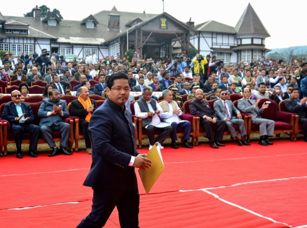 Conrad Sangma, president of the National Peoples Party (NPP) and backed by the Bharatiya Janata Party (BJP), attends a swearing-in ceremony as chief minister of Meghalaya state at the Governor House in Shillong on March 6, 2018. The Bharatiya Janata Party (BJP) is celebrating strong electoral advances in India's northeast region ahead of the national election in 2019. Conrad Sangma