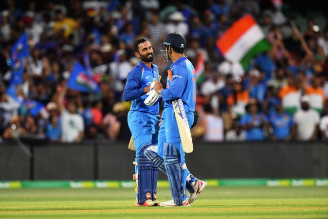 MS Dhoni and Dinesh Karthik after guiding India to victory in Adelaide. MS Dhoni Dinesh Karthik Indian cricket team