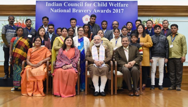 Prime Minister Narendra Modi, Union Women and Child Development Minister Maneka Sanjay Gandhi and Ministry of Women and Child Development Secretary Rakesh Srivastava at the presentation ceremony of the National Bravery Awards 2017 in New Delhi on Jan 24, 2018. national bravery awards