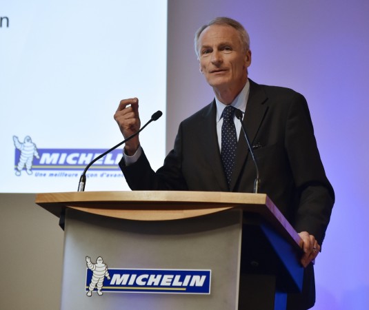 French tyre maker Michelin's Chief Executive Officer Jean-Dominique Senard holds a press conference to present the group's results for the first half of 2015, on July 28, 2015 in Paris. AFP PHOTO / DOMINIQUE FAGET Jean-Dominique Senard