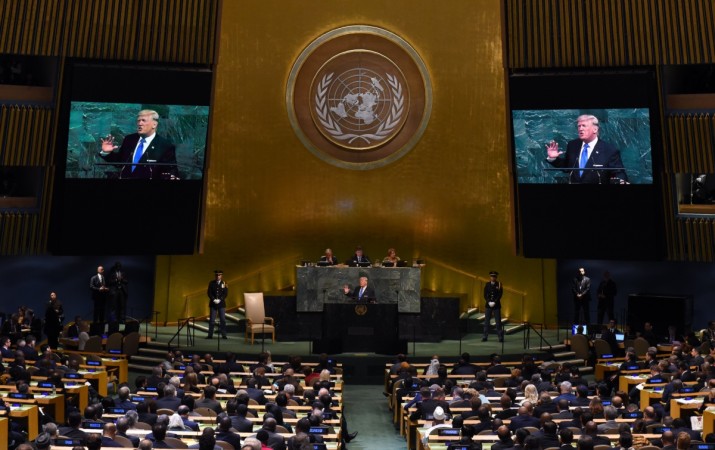 Topshot of United Nations General Assembly at the UN headquarters in New York on September 19, 2017 united nations