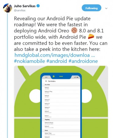 HMD Global Oy, Chief Product Officer, Juho Sarvikas reveals the time line of Android Pie release for several Nokia phones. Nokia, Android Pie, roll-out, plan