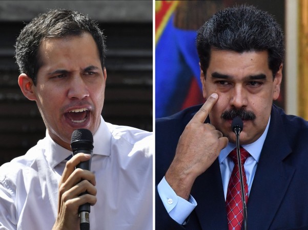 This combination of pictures created on January 25, 2019, shows Venezuela's National Assembly head Juan Guaido (L) speaking to opposition supporters at the Central University of Caracas (UCV) in Caracas, on January 21, 2019, and Venezuelan President Nicolas Maduro offering a press conference in Caracas, on January 25, 2019. guaido and marudo venezuela