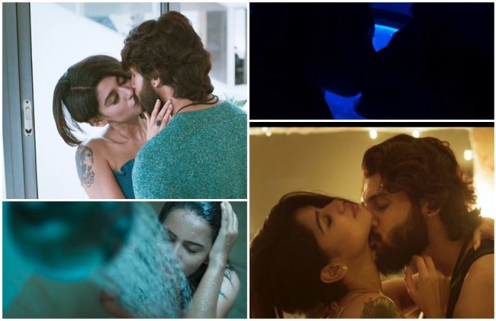 A collage of sceen shots from Oviyaa's 90 ML. Oviyaa kiss and steamy scenes in 90 ML
